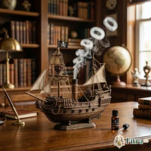 Luxury Vintage Ship Diffuser emitting white smoke rings with essential oil on a polished oak desk.