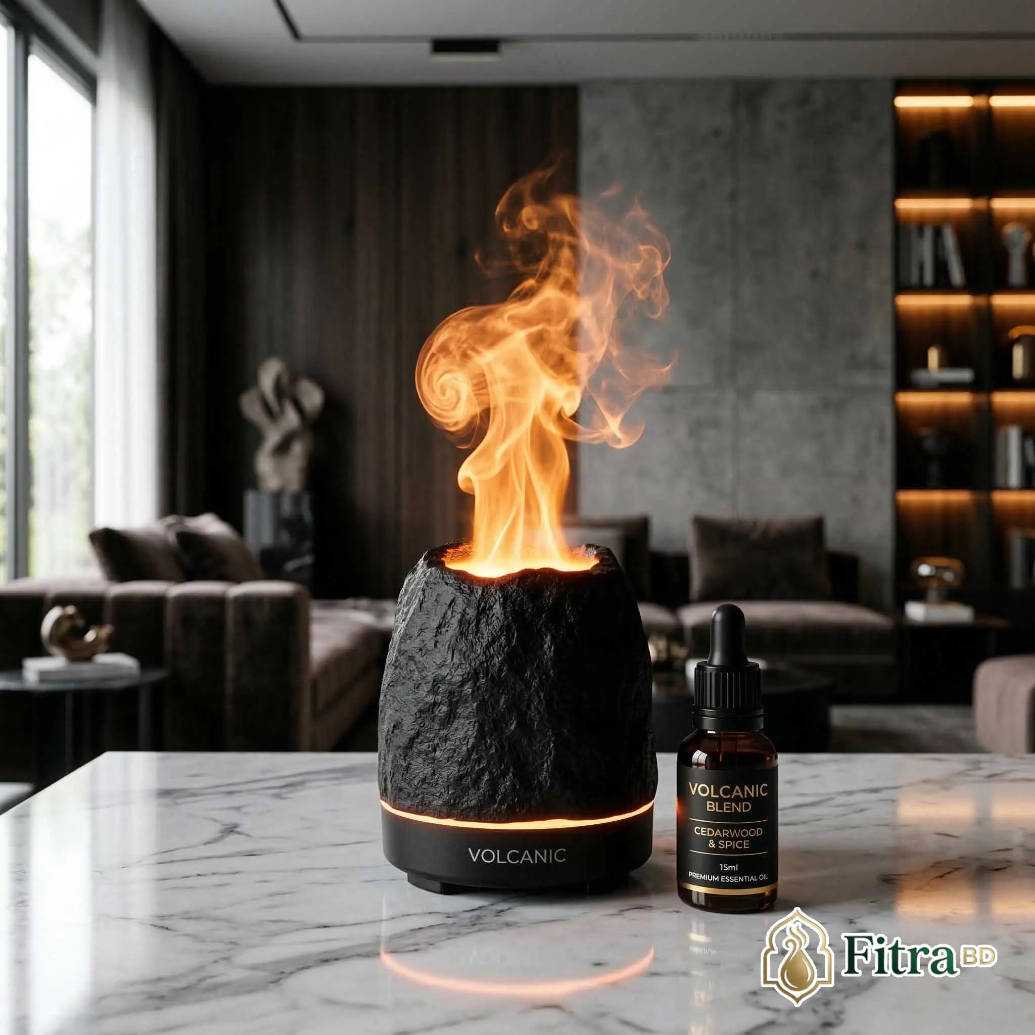 Premium Volcanic Flame Diffuser emitting realistic fire mist on a luxury modern table in Bangladesh.